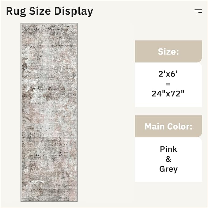 Runner Rug 2x6 Washable Non-Slip Kitchen Runner Rugs for Bathroom Laundry Room Pink/Grey Vintage Floor Carpet Runners for Hallway Entryway