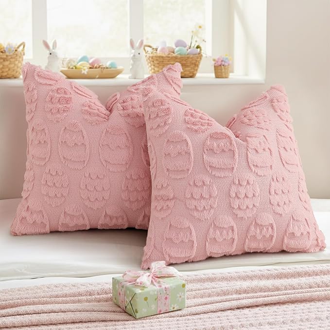 decorUhome Easter Pink Egg Pillow Covers 16x16 Inch Set of 2, Soft Plush Faux Wool Jacquard Cushion Covers, Farmhouse Neutral Fuzzy Spring Easter Holiday Decor for Couch Sofa Bed