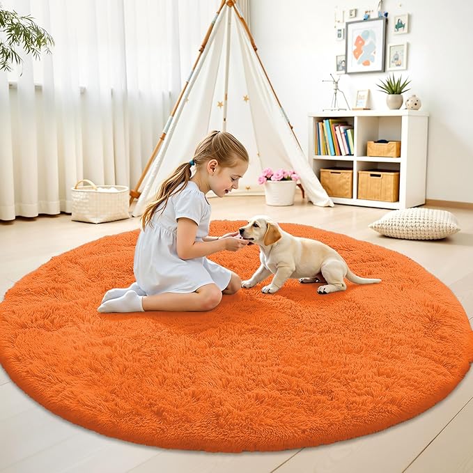 OLANLY Orange Round Rugs for Bedroom - Machine Washable, 8 ft Circle Area Rugs for Living Room, Soft and Fluffy Shaggy Carpet for Teen Girl and Boys, Nursery Rooms, Dorms, Home Decor Aesthetic