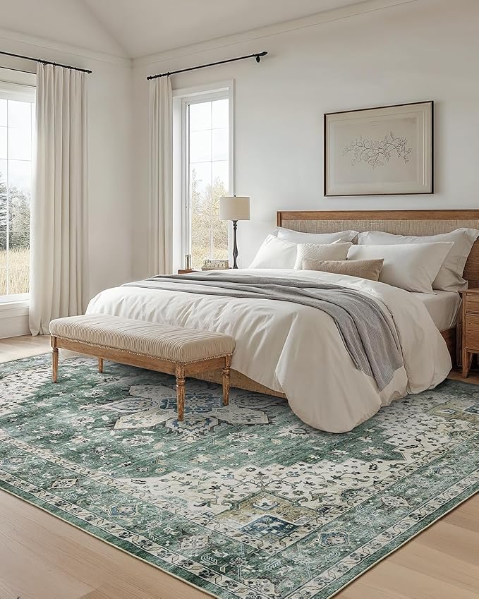 AMADA HOMEFURNISHING 10x14 Washable Area Rug, Low-Profile Large Area Rug with Non-Slip Backing & Durable Edge Binding, Vintage Large Rugs for Living Room, Bedroom & Dining Room