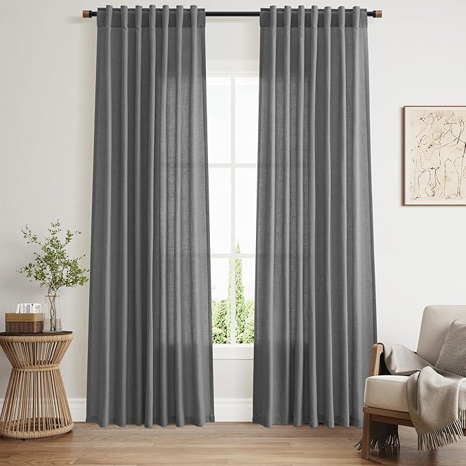 Nanspring Blazer Grey Curtains Linen Blend Light Filtering Back Tab Curtain 84 Inches Long, Semi Sheer Privacy Drapes for Living Room & Bedroom,Simple Style 52x84 inch, 2 Panels