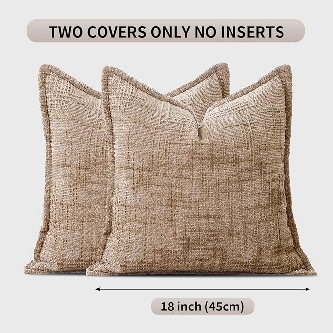 HPUK Fall Chenille Soft Throw Pillow Covers 18x18 Set of 2, Accent Cushion Covers for Living Room, Bedroom, Decorative Solid Color Pillow Covers for Couch, Sofa, Chair, Light Brown