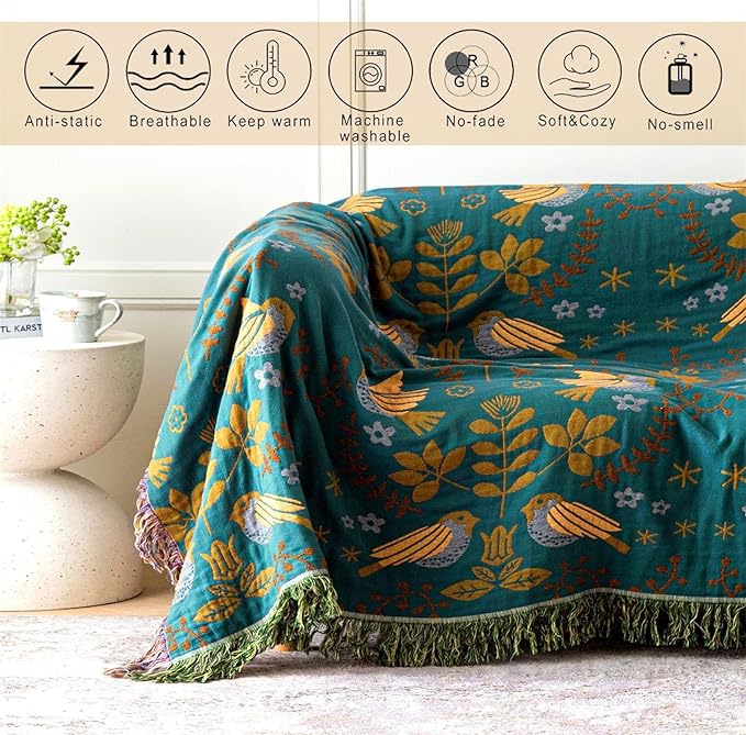 MSGKV Boho Throw Blanket 100% Cotton Blankets for Bed Couch 60''x80'', Spring Breathable Farmhouse Bird Blankets Quilt Muslin Home Decor