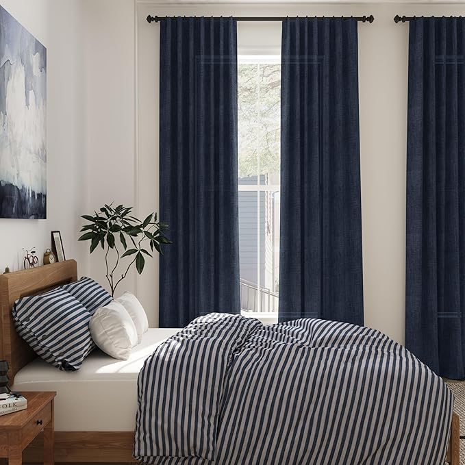 Navy Blue Linen Curtains 102 Inches Long for Living Room 2 Panel Set Back Tab Rod Pocket Indigo Semi Sheer Curtains Light Filtering Burlap Extra Long Drapes Farmhouse Decor for High Window 40x102