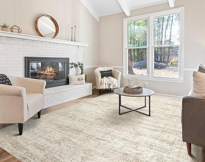 UERMEI 5x7 Area Rug Living Room Rugs - Washable Neutral Modern Abstract Soft Thin Rug Indoor Floor No Slip Rug Carpet for Bedroom Under Dining Table Home Office Decor - Beige/Brown
