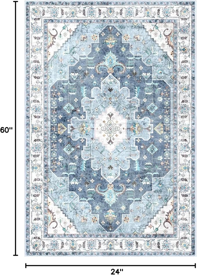SERISSA Boho Washable Runner Rug, 2x5 Rug Non-Slip Vintage Blue Hallway Kitchen Runner Rug Ultra Soft Print Distressed Floor Carpet for Bedroom Bathroom Laundry Living Room