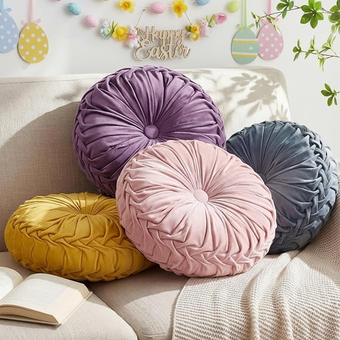Kathfly Set of 4 Decorative Round Pleated Throw Pillows, Classy Velvet Pumpkin Round Throw Pillows, Decorative Floor Pillow for Bed Chair Home Sofa Decor, 14" Diameter (Easter Color)