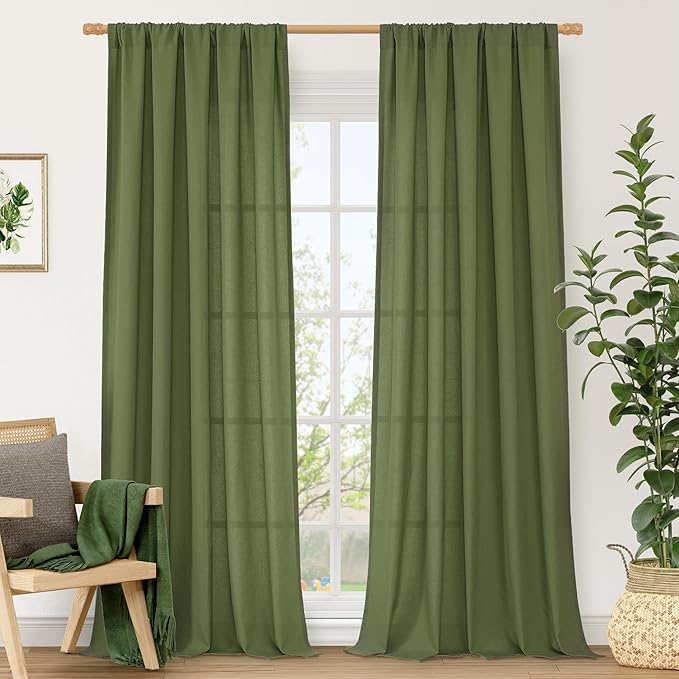 LAMIT Linen Blended Curtains 84 inch for Living Room, Linen Textured Light Filtering Drapes Rod Pocket Boho Panels for Farmhouse/Living Room, 2 Panels, 52 x 84 Inch, Olive Green