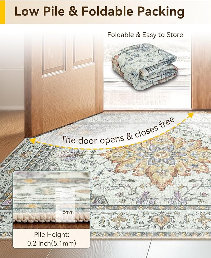 RELEANY Area Rugs Square 10ft Washable Non-Slip, Floral Vintage Distress Print Pattern Medallion Carpet for Living Room Bedroom Dining Room, Light Yellow Carbon Grey Orange