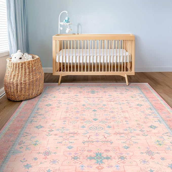 Washable Pink and Blue 6x9 Oushak Rugs for Bedroom Girls, Living Room Kids Playroom Nursery Room, Modern Floral Distressed Design, Soft Faux Wool Low Pile Non Slip Stain Resistance Carpet