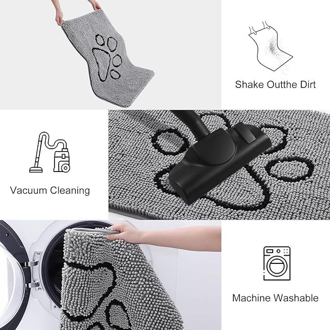 Smiry Dog Door Mat for Muddy Paws, Absorbent Dirt Trapper Non Slip Quick Dry Washable Chenille Mat for Mud Dogs, Entry Rug for Indoor and Outdoor (45x27 Inches, Grey and Black)