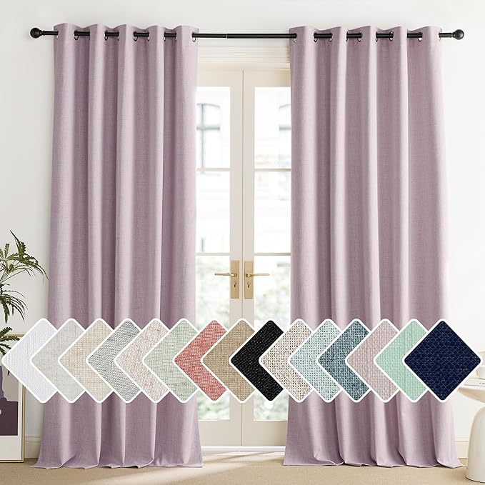 NICETOWN Pink Vintage Linen 100% Blackout Curtains for Living Room, Thermal Insulated Curtains 95“ Long, Noise Reducing Window Treatment Drapes for Home Office, 62" Wide Per Panel, Set of 2
