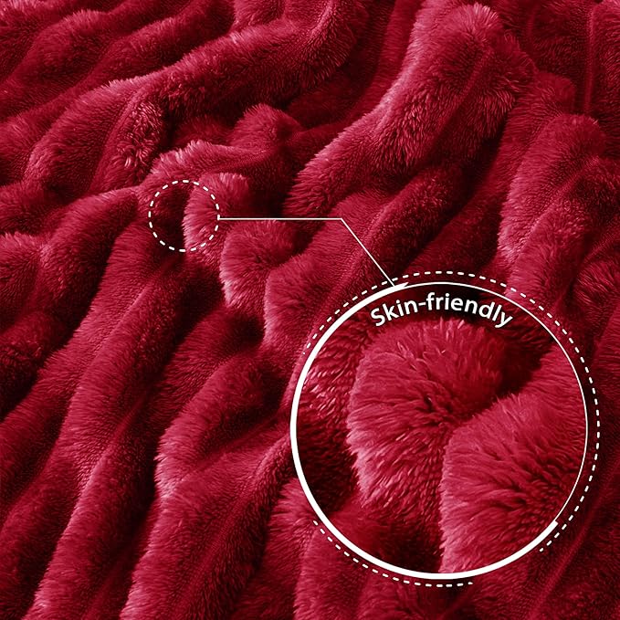 Exclusivo Mezcla King Size Flannel Fleece Blanket, Super Soft Striped Jacquard Bed Blanket, Lightweight Fuzzy Cozy for All Seasons, 90x104 Inches, Deep Red