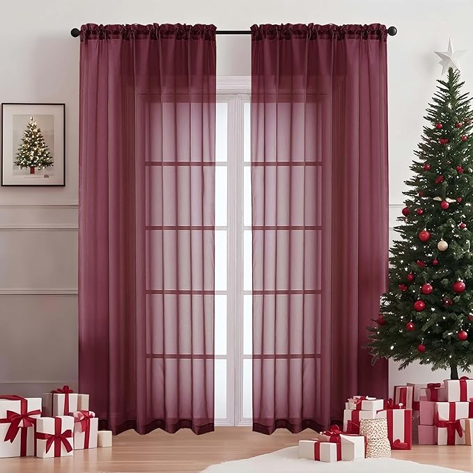 OVZME Burgundy Sheer Curtains 84 Inches Long 2 Panels Set, Light Filtering Sheer Curtains for Living Room Bedroom 59 Inch Extra Wide, Modern Voile Filmy Rod Pocket Window Drapes, 59Wx84L Inches