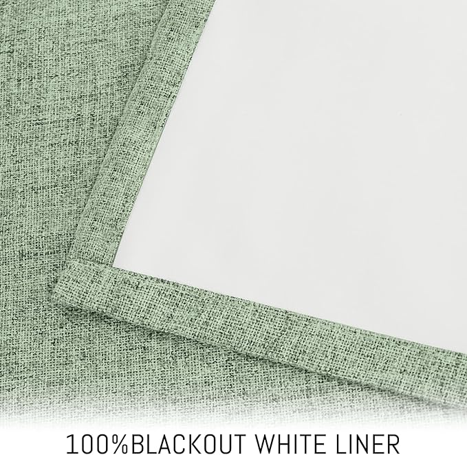 Yakamok Light Sage Green Linen Curtains 100% Blackout 90 Inches Long,Room Darkening Textured Curtains for Living Room Thermal Grommet Bedroom Curtains 2 Panels with White Liner