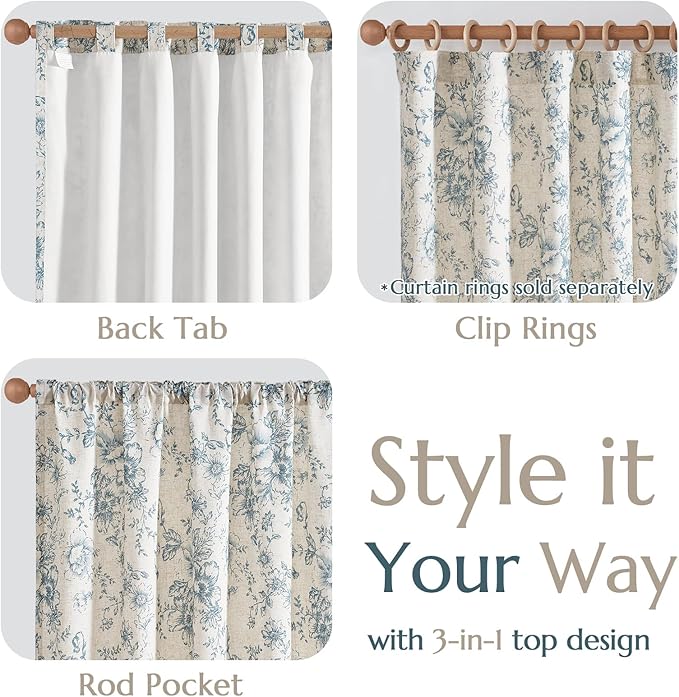 jinchan Lined Linen Blend Curtain Floral Curtains for Living Room 63 Inch Length Blue Peony Flower Printed Curtain Rod Pocket Back Tab Farmhouse Patterned Drapes Bedroom Window Curtains Set 2 Panels
