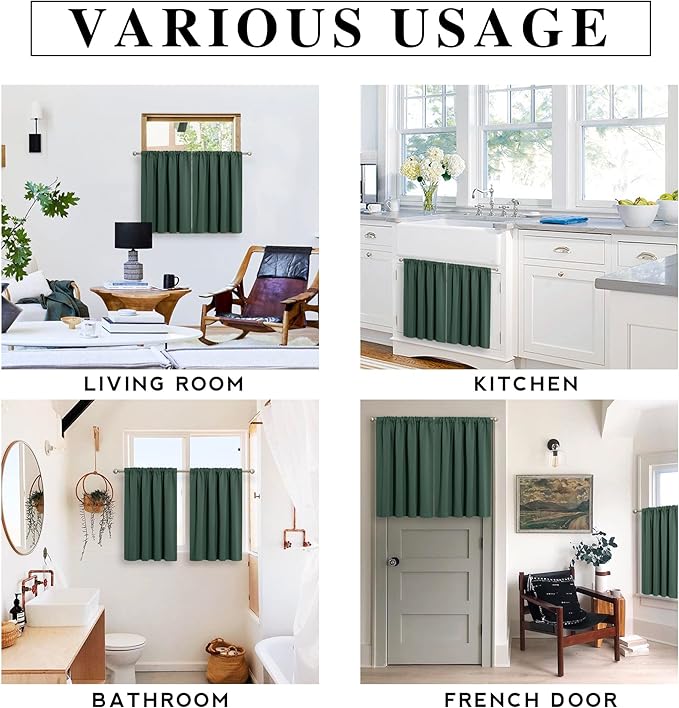 RYB HOME Blackout Curtains for Bedroom Living Room 63 inches Long, Thermal Insulated Privacy Rod Pocket Drapes for Nursery Office Home Theater, Width 34 by Length 63, Dark Green, 2 Panels