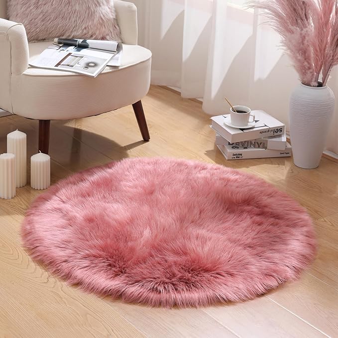Ashler Faux Fur Rug, Fluffy Shaggy Area Rug, Ultra Soft 3 x 3 Feet Sheepskin Fur, Blush Pink Fuzzy Machine Washable Shag, Nursery Decor Throw for Bedroom, Living Room, Kids Room