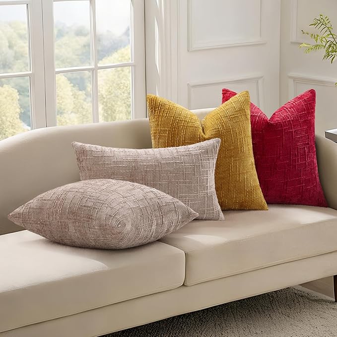 decorUhome Red Chenille Throw Pillow Covers 18x18 Set of 2 Textured Soft Cozy Slubby Couch Pillow Covers Modern Farmhouse Boho Decorative Pillow Cases for Bed Sofa Living Room