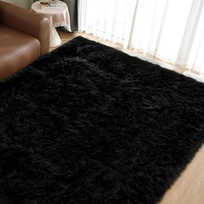 Goolela Black Area Rug 9x12 Fluffy Fuzzy Furry Rug for Living Room Bedroom Faux Sheepskin Fur Shaggy Soft Rectangle