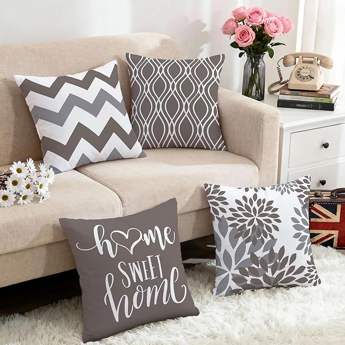 Hexagram Geometric Grey Pillow Covers 16x16 Set of 4, Decorative Outdoor Boho Modern Throw Pillow Covers, Home Sweet Home Farmhouse Cushion Case for Couch Sofa Bedroom Indoor Decor(No Insert)