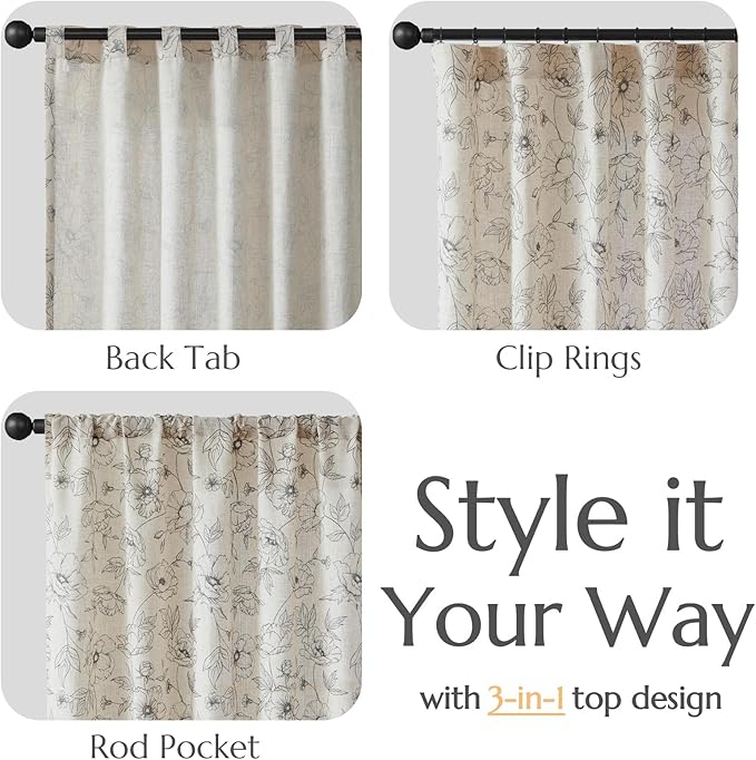 jinchan Floral Linen Curtains for Living Room 63 Inch Length Grey Flower Curtain Rod Pocket Back Tab Farmhouse Curtains with Printed Floral Bedroom Window Curtain Set, 2 Panels Gray