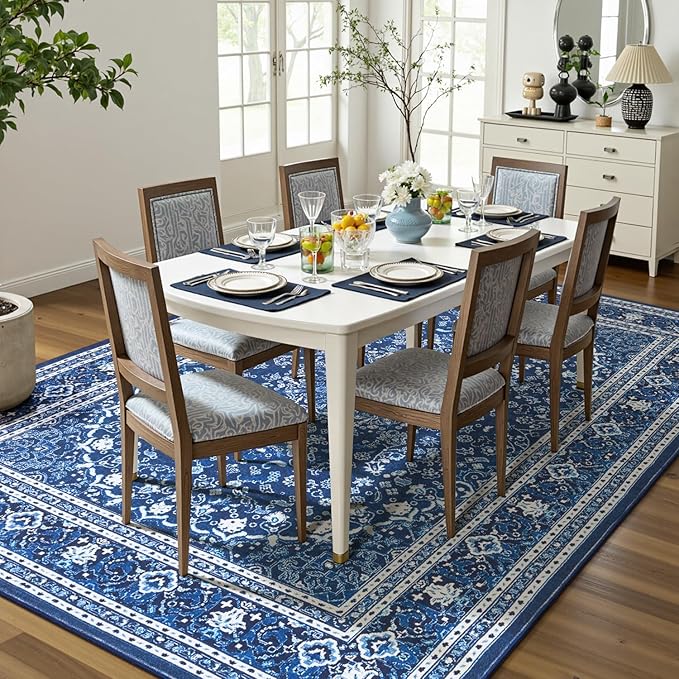 Lofus 8x10 Area Rugs for Living Room, Machine Washable Non-Slip Area Rug, Low Pile Large Rugs for Bedroom, Kitchen, Dining Room, Home Office, Vintage Oriental Print Rug, Dark Blue with White