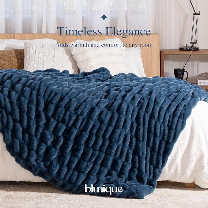 Ultra Soft Cozy Faux Fur Throw Blanket, Fuzzy Plush Thick Bubble Blanket, Oversize Luxury Fluffy Blanket for Couch, Sofa, Bedroom, and Living Room,50x60 Inches,Double Sided Blue