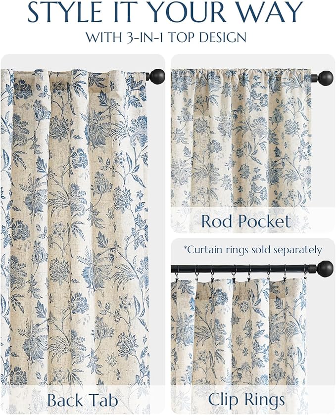 jinchan Lined Linen Floral Curtains for Living Room, 96 Inch Length Printed Flower Farmhouse Patterned French Country Back Tab Blue Window Drapes Set Privacy Bedroom Curtains, 2 Panels
