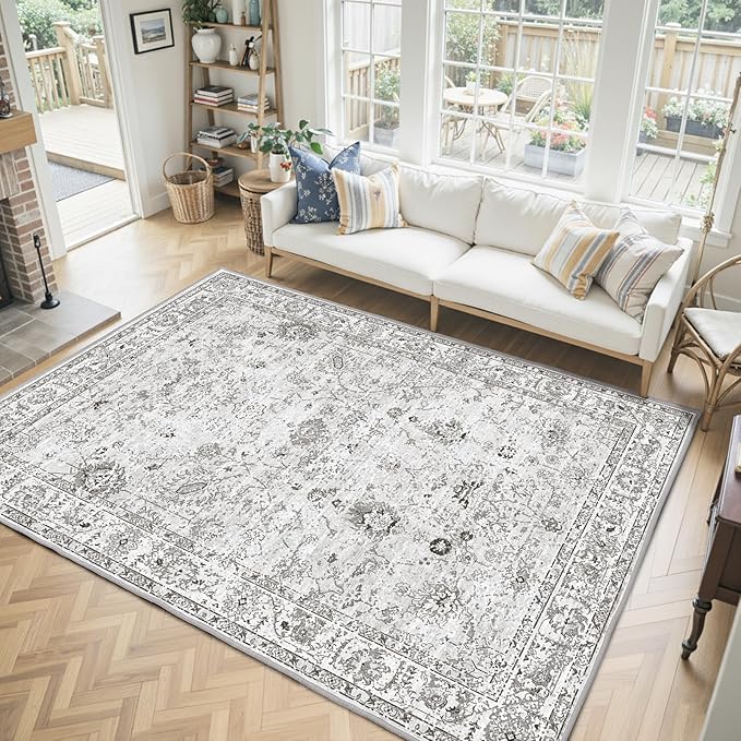 Floral Washable 6x9 Area Rugs, Soft Grey White Bedroom Rug for Living Room Ultra-Thin Non Slip Dining Room Rug, Stain Resistant Rugs Easy Clean Throw Carpet for Office(6 x 9, Grey White)
