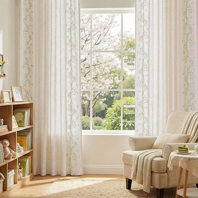 jinchan Evelyn Embroidered Linen Curtains for Living Room Farmhouse Floral Curtains for Bedroom Semi Sheer Light Filtering Window Drapes Rod Pocket Back Tab 2 Panels W50 x L96 Sage Green