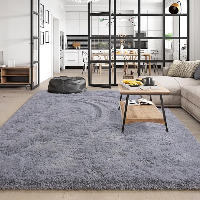 Amearea Shag Fluffy Area Rug for Bedroom Girls Living Room, Extra Soft and Fuzzy Shaggy Rugs, Non Slip, Solid Color Carpet Mat for Boys Nursery Home, Grey 6x9 Feet