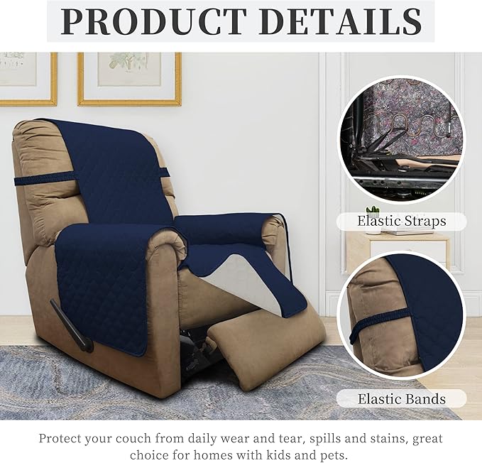ISSUNTEX Double Protection 100% Waterproof Recliner Covers for Living Room, Reversible Furniture Protector Recliner Couch Sofa Slipcover for Dogs, Pets, Kids (Recliner, Navy/Ivory)