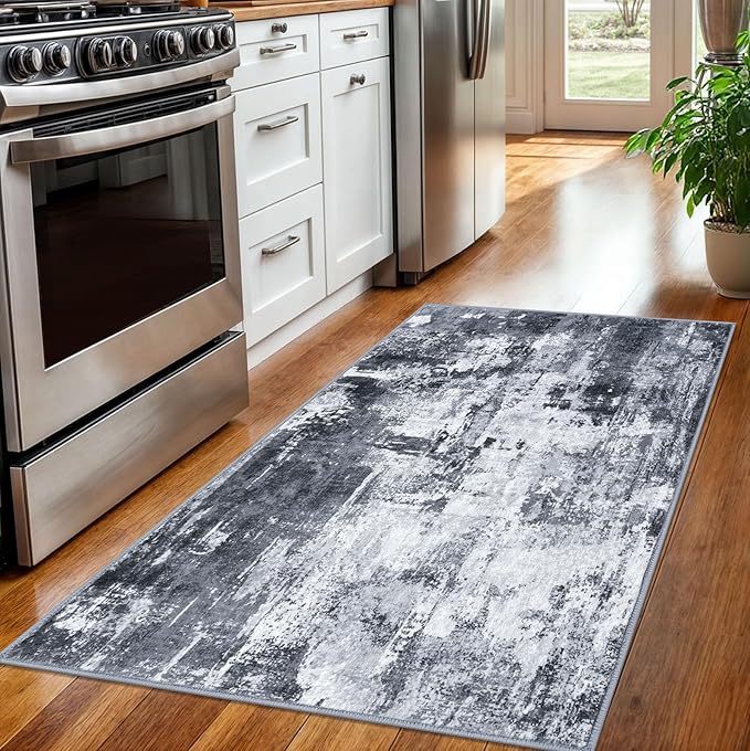 KOZYFLY Modern Abstract 3x5 Rug Gray Washable Rug Entry Rug, Soft Non-Slip Contemporary Nursery Mat Indoor Throw Kitchen Carpet with Soft Low Pile for Bedroom Office Living Room Bathroom Dorm