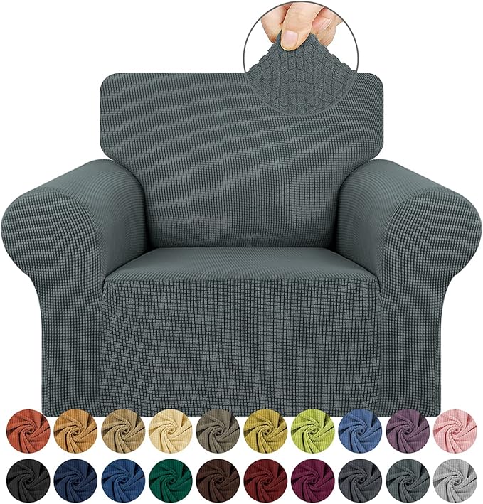 KEKUOU Stretch Single Sofa Slipcover 1 Piece Couch Sofa Cover (31"-55") Furniture Protector 1 Seater Sofa with Elastic Bottom for Kids,Pet.Jacquard Small Checked Pattern Fabric(Small,Grey)