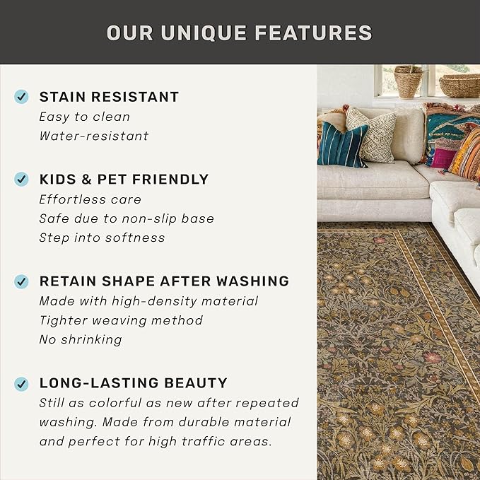 Brown 2'6" x 10' Hallway Runner Rug Non Slip - Washable Kitchen Rug Stain Resistant, 10ft Extra Long Thin Entryway Indoor Mats, Soft Boho Vintage Gold Brown Floral Indoor Carpet Runner Décor Low Pile