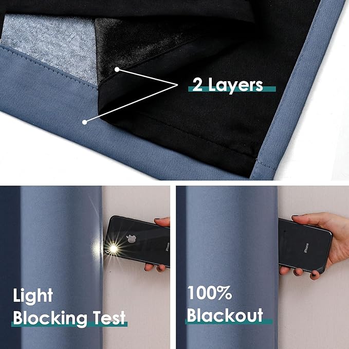 ChrisDowa 100% Blackout Curtains 108 inch Long for Bedroom with Black Liner, 2 Thick Layers Total Blackout Thermal Insulated Grommet Window Curtains 2 Panels Set (Stone Blue, 52 x 108 Inch)