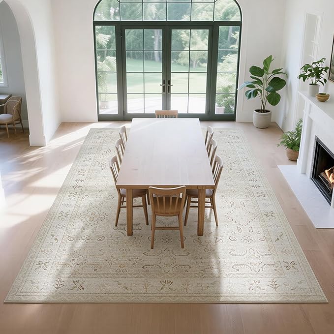 Washable Rugs 8x10 Area Rugs for Living Room-Light Brown Rugs for Bedroom,Dining Room, Large Soft Low Pile Vintage Carpet with Non Slip Rubber Backing,Neutral Accent Rug for Nursery Home Office