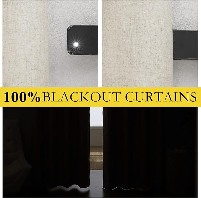 NICETOWN Natural Linen 100% Blackout Curtains 120 inches Length 2 Panels Set with Thermal Insulated Liners, 52" Width, Farmhouse Style Extra Long Window Draperies for Patio Sliding Glass Door