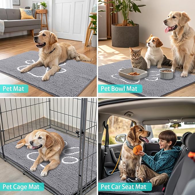 Smiry Dog Door Mat for Muddy Paws, Absorbent Dirt Trapper Non Slip Quick Dry Washable Chenille Mat for Mud Dogs, Entry Rug for Indoor and Outdoor (48x30 Inches, Grey and White)