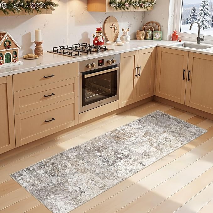 UERMEI 2X6 Washable Runner Rug for Hallway: Soft Neutral Modern Abstract Area Rug - Non-Slip Low Pile Long Throw Indoor Carpet for Kitchen Entryway Kitchen Bedroom Laundry Bathroom - Brown Grey