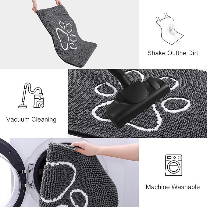 Smiry Dog Door Mat for Muddy Paws, Absorbent Dirt Trapper Non Slip Quick Dry Washable Chenille Mat for Mud Dogs, Entry Rug for Indoor and Outdoor (70x32 Inches, Dark Grey and White)