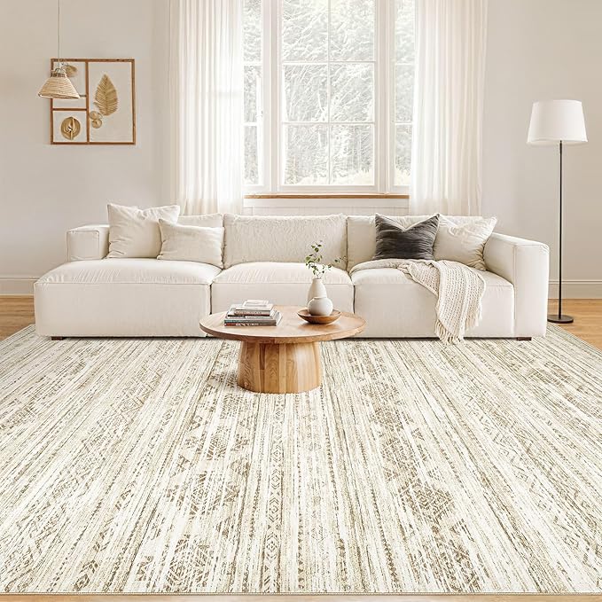 Nakagishi 7X9 Area Rug Living Room: Washable Boho Large Neutral Modern Soft Farmhouse Beige Rugs Stain Resistant Indoor Floor Non-Slip Carpet for Women Home Enthusiasts Aged 25-45 - Bedroom Room Decor