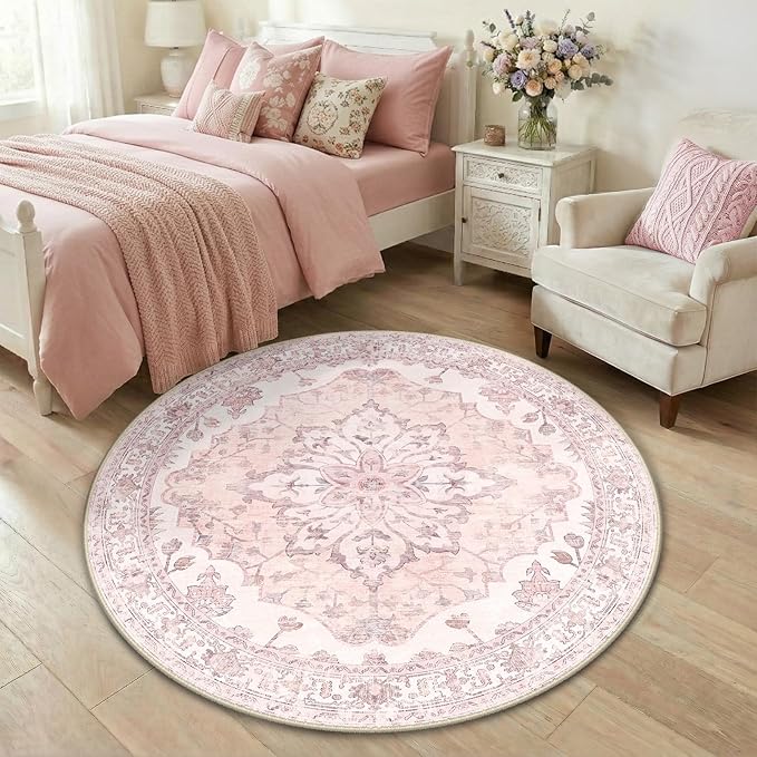 Area Rugs 4ft Washable Non-Slip, Floral Vintage Distress Print Pattern Medallion Carpet for Living Room Bedroom Dining Room, Pink Greypink Cute