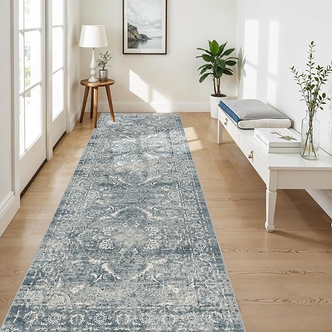4x10 Washable Hallway Runner Rug - Wide Kitchen Runners Vintage Low Pile Carpet Soft Thin Floor Runner with Rubber Backing for Entryway Bedroom Living Room Home Decor (Blue)