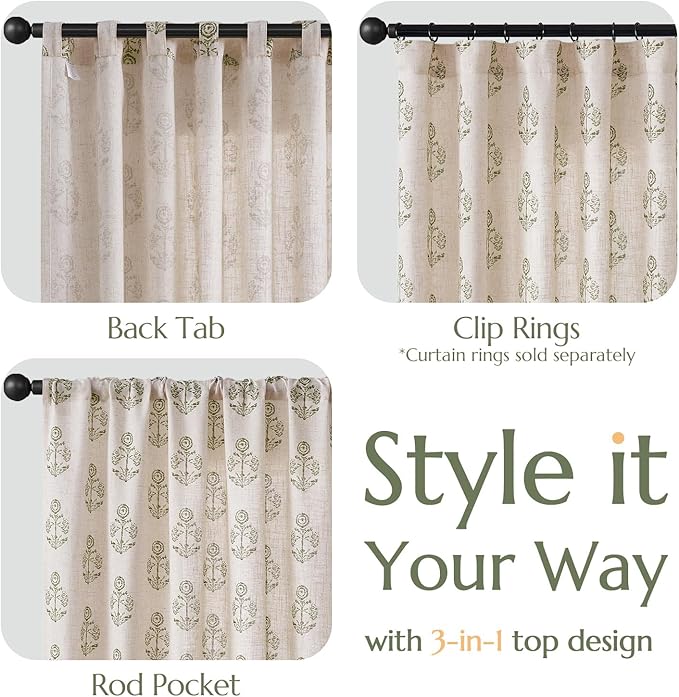 jinchan Linen Floral Curtains for Living Room 84 Inch Length Green Flower Cottage Core Farmhouse Curtains Rod Pocket Back Tab Boho Semi Sheer Window Drapes Bedroom Set 2 Panels Green on Beige