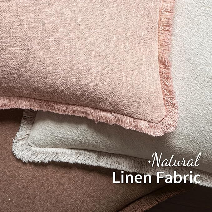 MIULEE Valentines Decorative Throw Pillow Covers Neutral Linen Fringe Throw Pillows Set of 2 Light Pink Boho Farmhouse Cushion Covers for Couch Sofa Bed Living Room Spring Home Decor 18x18 Inch