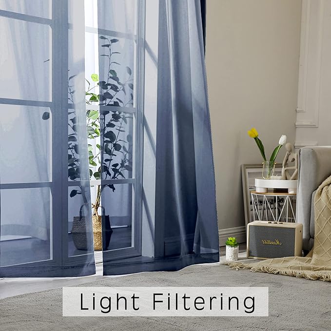 OWENIE Blue Sheer Curtains, Sheer Curtains 63 inch Length 2 Panels Set, Rod Pocket Voile Fimly Sheer Drapes for Living Room/Bedroom, 2pcs, Each 42" W x 63" L, Navy Blue