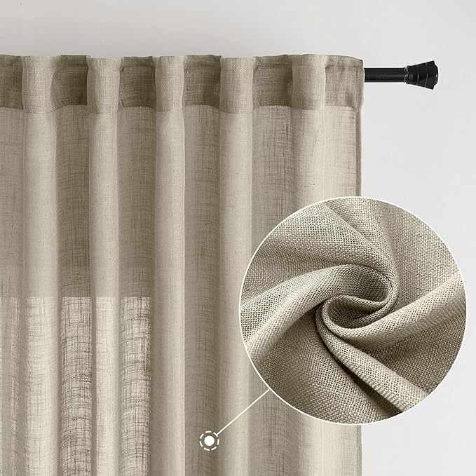 MIULEE Oatmeal Linen Curtains 108 Inch Long 2 Panels for Bedroom Living Room, Soft Thick Linen Textured Natural Window Drapes Semi Sheer Light Filtering Back Tab Rod Pocket Burlap Look Decor