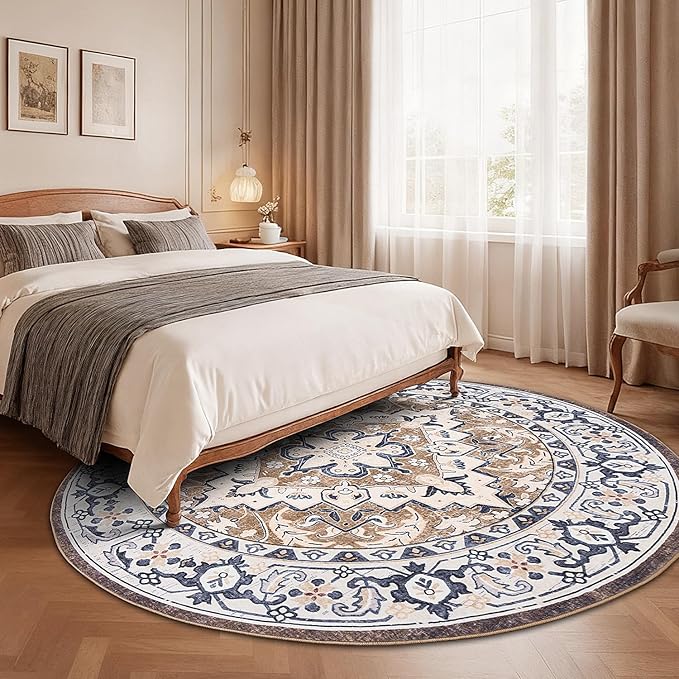 Lofus 6ft Area Rugs for Living Room, Washable Area Rug, Rugs for Bedroom, Kitchen, Vintage Boho Carpet, Soft Non-Slip, Low Pile Large Area Rug for Office Dining Room, Floral Brown